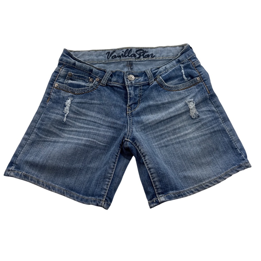 Y2K Vanilla Star Low Rise Denim Shorts McBling Embroidered Flap Pocket Sz 9 - Picture 3 of 11